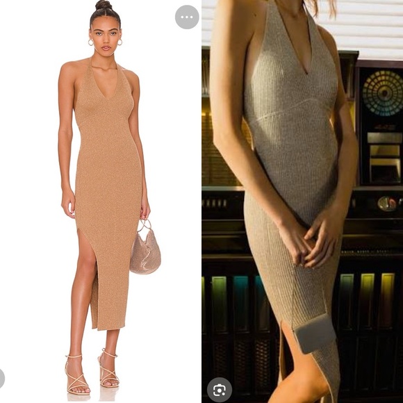 All Saints Lexi Ribbed Halter Midi Dress Praline Metallic Gold - Picture 3 of 15